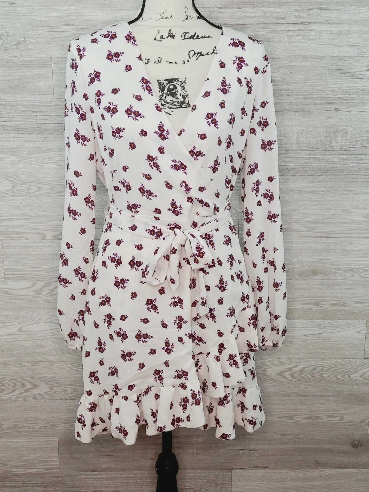 1. State Women's Ivory Floral Long Sleeve V-Neck Faux Wrap Mini Dress Size 8