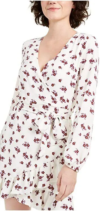 1. State Women's Ivory Floral Long Sleeve V-Neck Faux Wrap Mini Dress Size 8