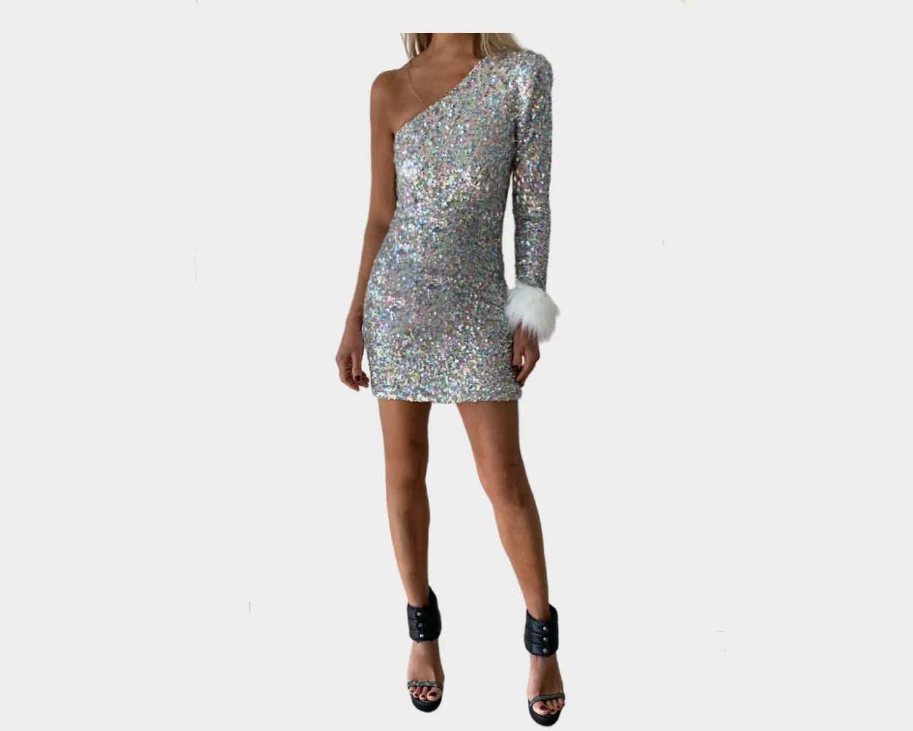 72 One Shoulder Silver Sequins White Fur Dress- The St. Moritz