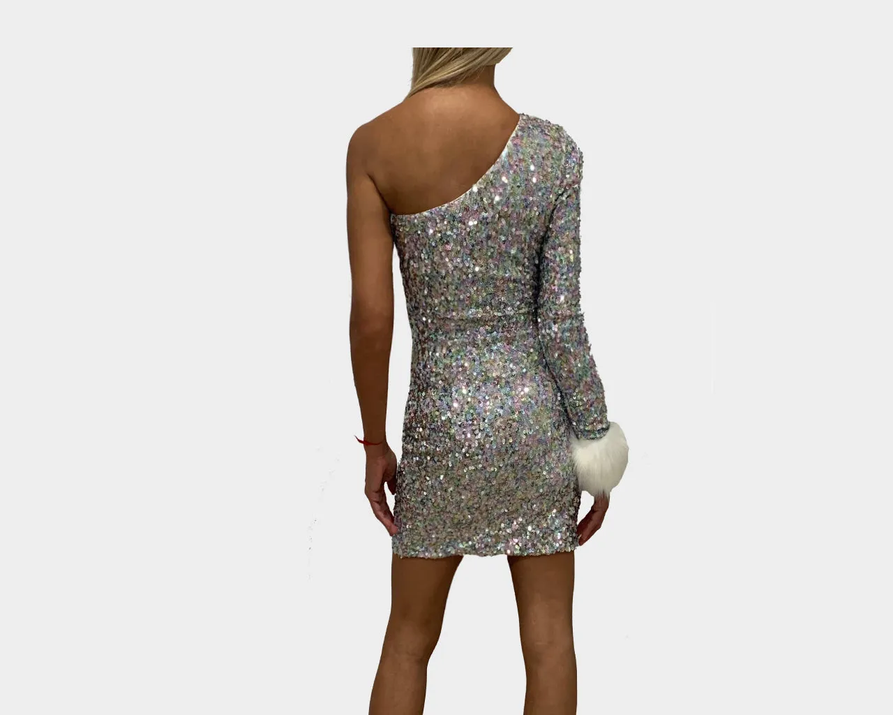 72 One Shoulder Silver Sequins White Fur Dress- The St. Moritz