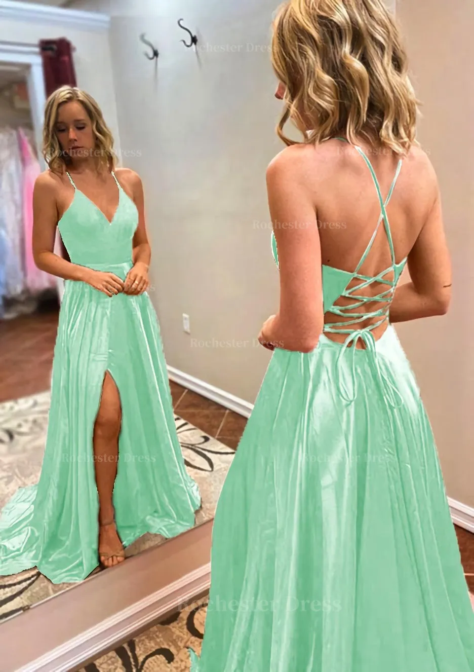 A-line Princess V Neck Sweep Train Charmeuse Prom Dress With Split