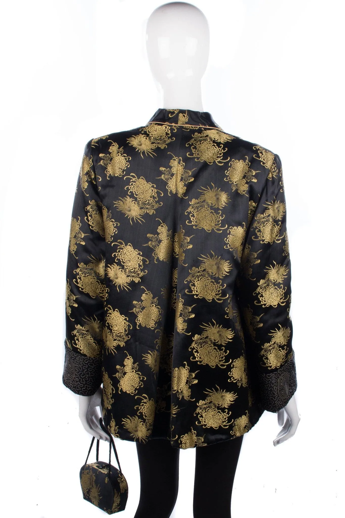 Arjan Hong Kong Padded Chinese Jacket and Bag Silk Black and Gold Size L