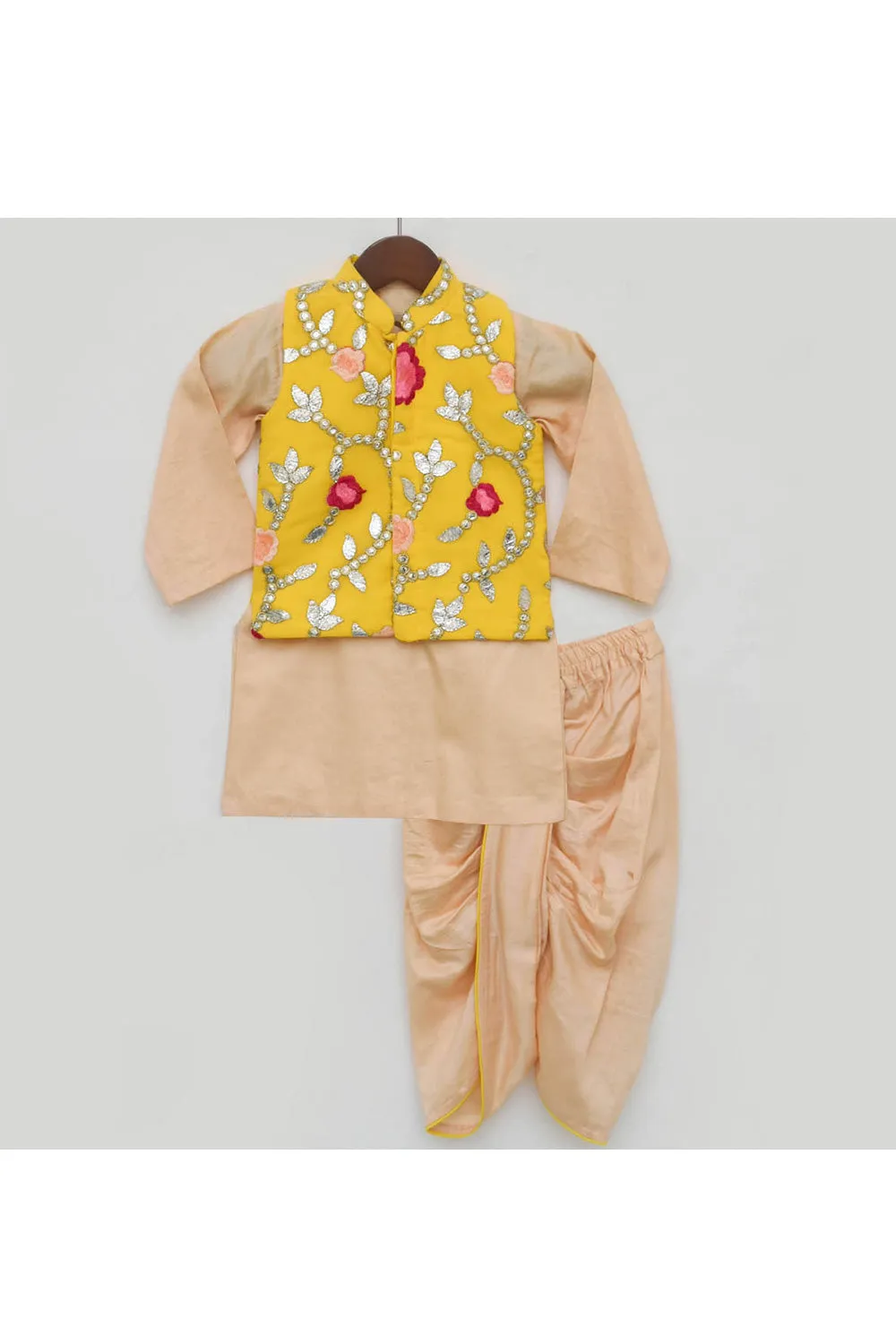 Beige Silk Kurta With Yellow Embroidered Jacket Set