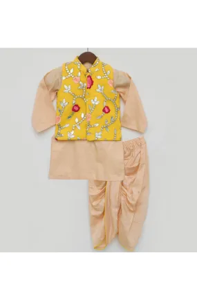 Beige Silk Kurta With Yellow Embroidered Jacket Set