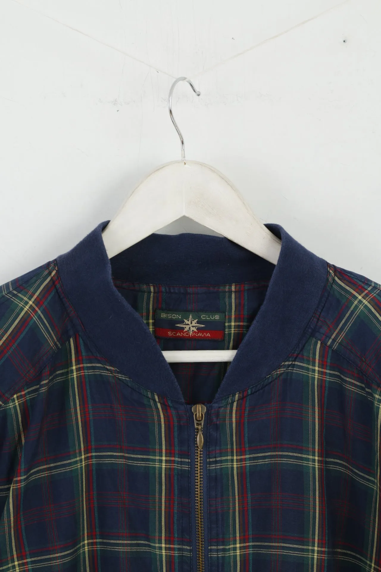 Bison Club Scandinavia Men XXL Jacket Navy Check Silk Bomber Shoulder Pads Bomber Top