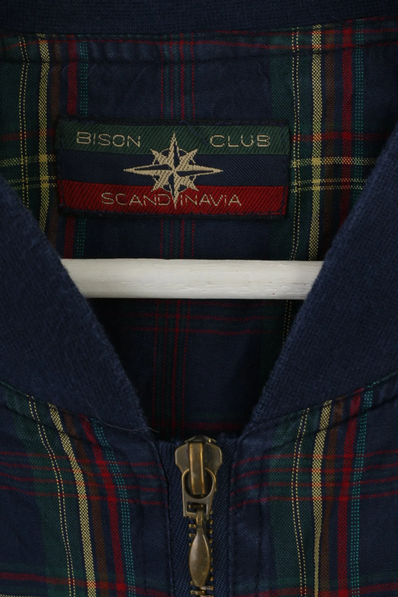 Bison Club Scandinavia Men XXL Jacket Navy Check Silk Bomber Shoulder Pads Bomber Top