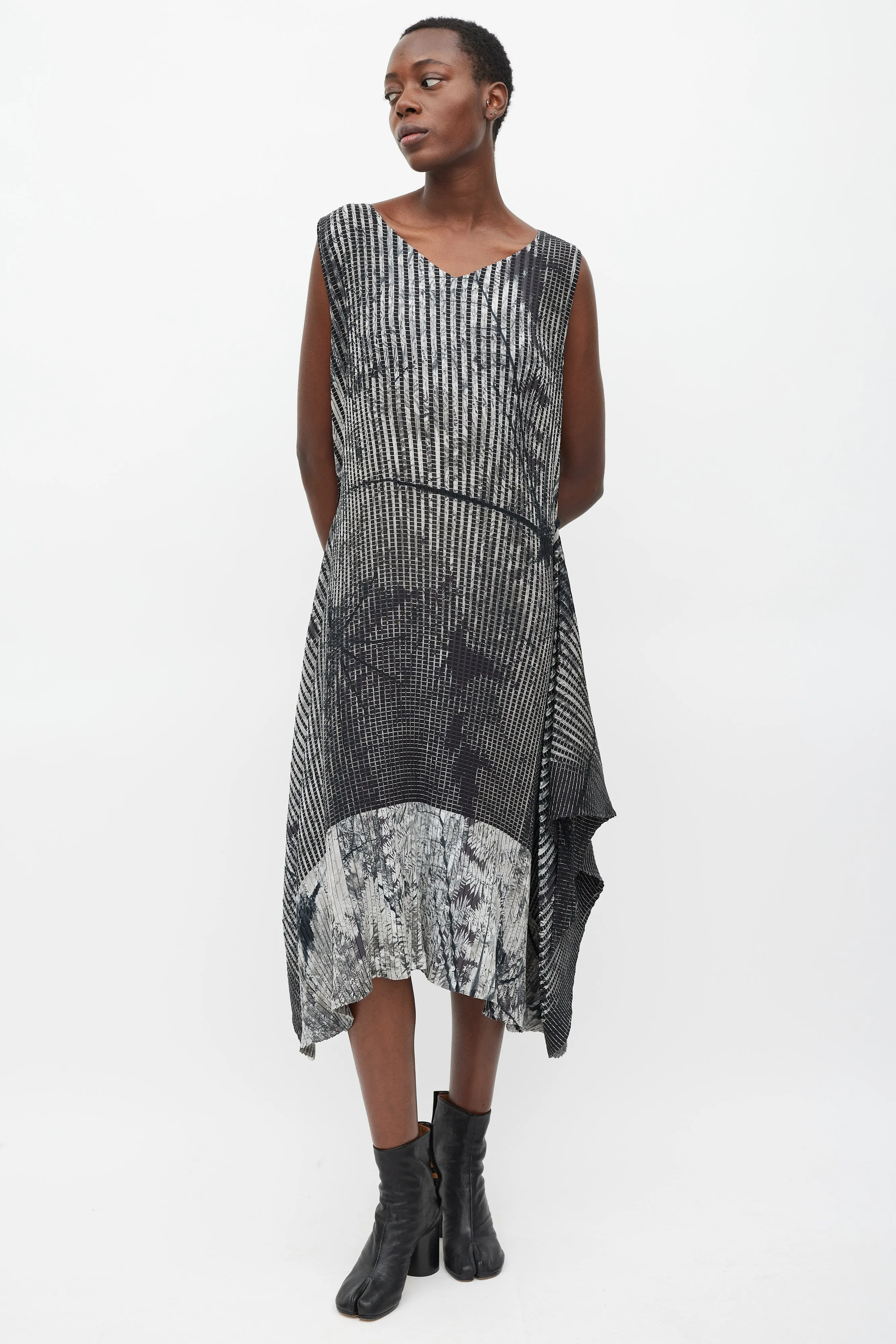 Black & Grey Pleated Double Wrap Dress