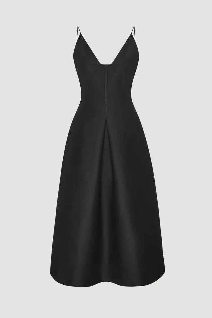 Black Deep V-Neck Midi Dress- Fina