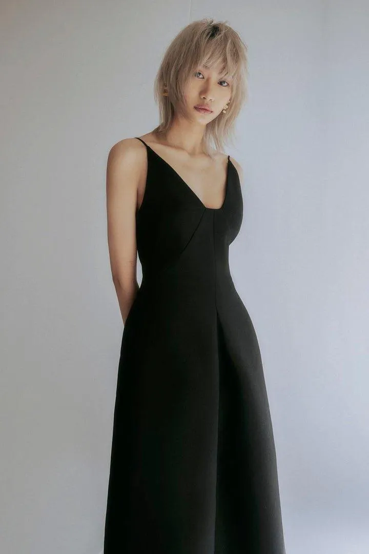 Black Deep V-Neck Midi Dress- Fina