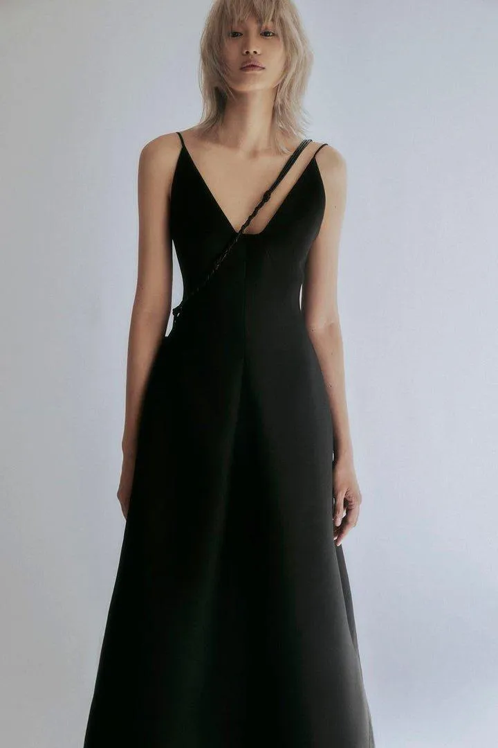 Black Deep V-Neck Midi Dress- Fina