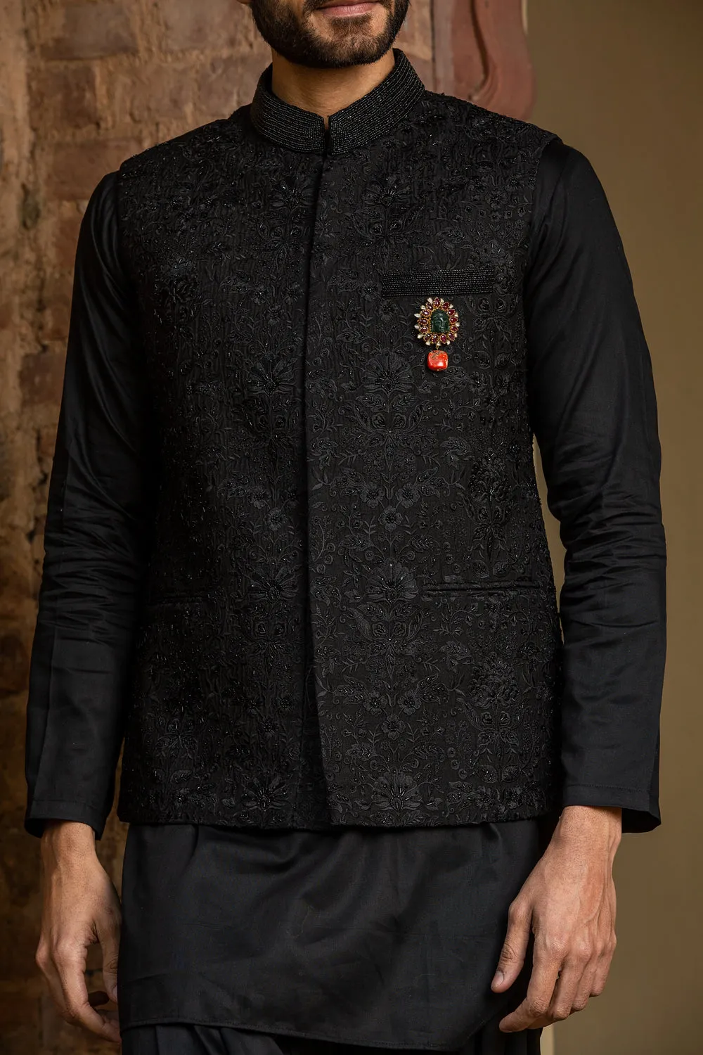 Black Kurta Salwar with Raw Silk all over Embroidered Nehru Jacket