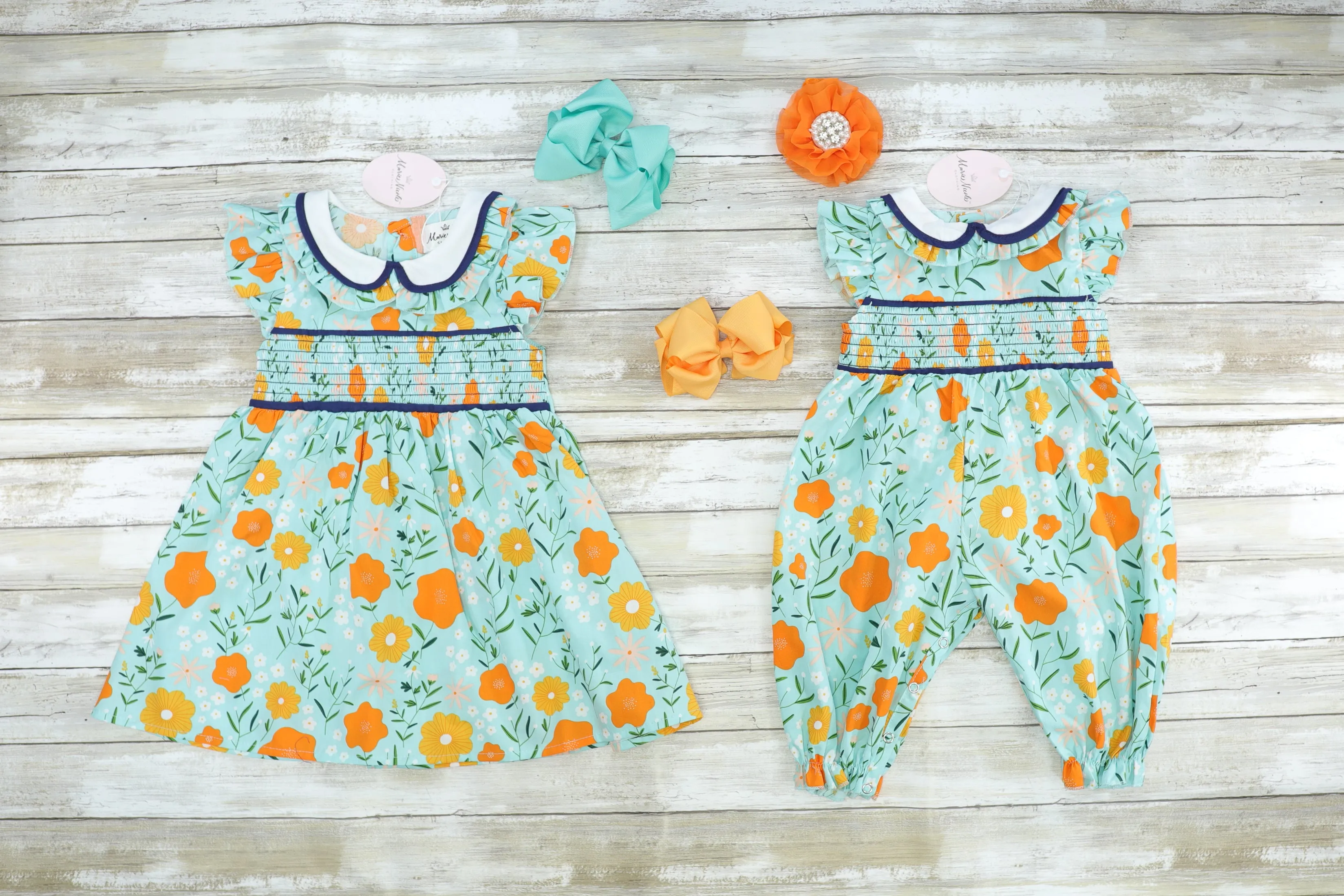 Blue, Orange, & Yellow Floral Smocked Romper