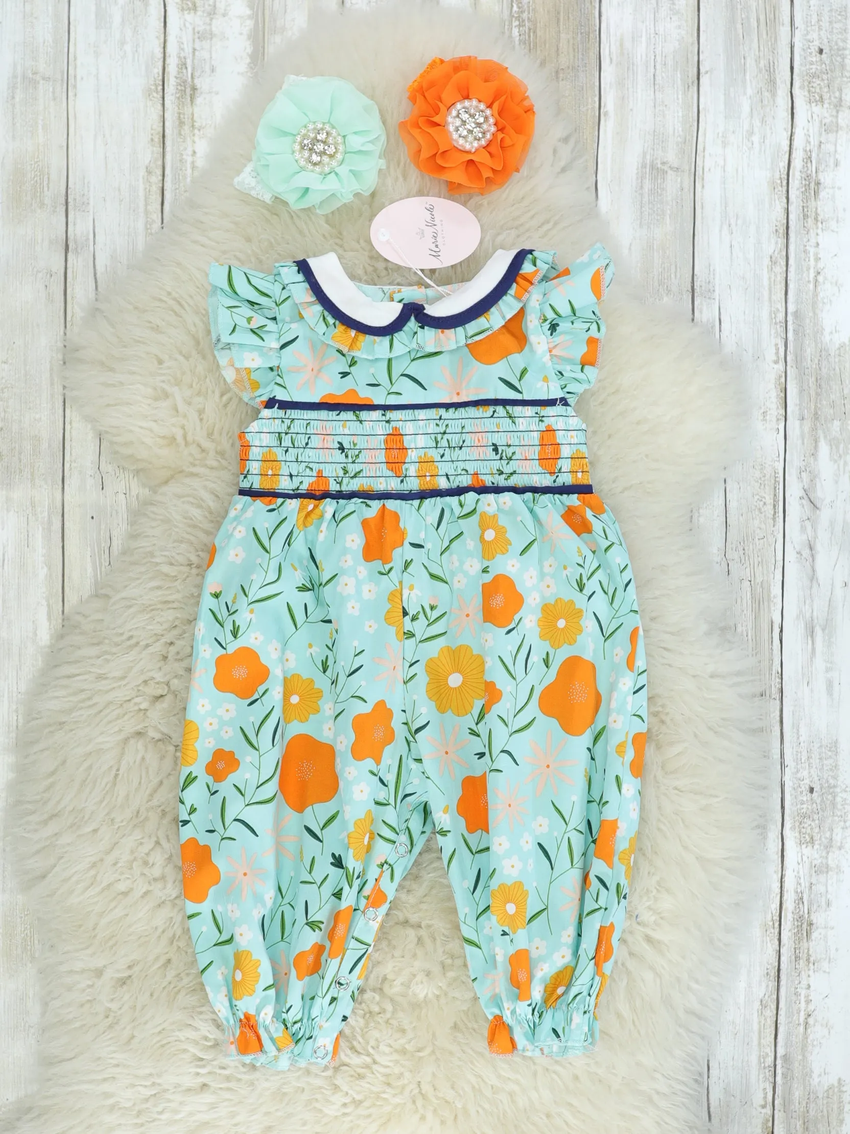 Blue, Orange, & Yellow Floral Smocked Romper