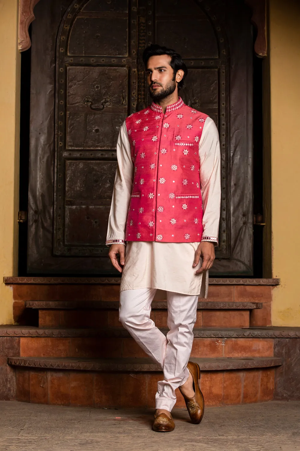 Blush Kurta Trouser with Coral Embroidered Raw Silk Jacket