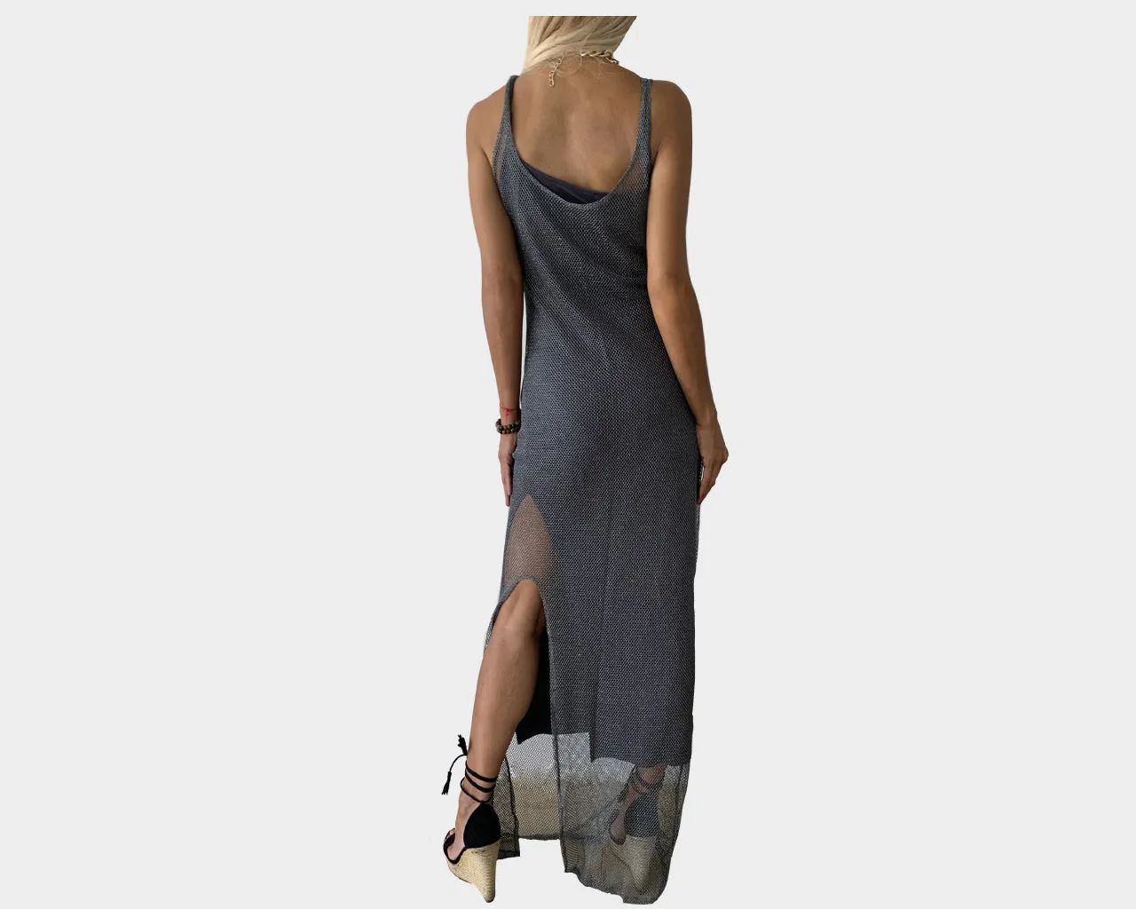 C.1 Side Slit Silver Gray Mesh Resortwear Statement Dress - The Ibiza