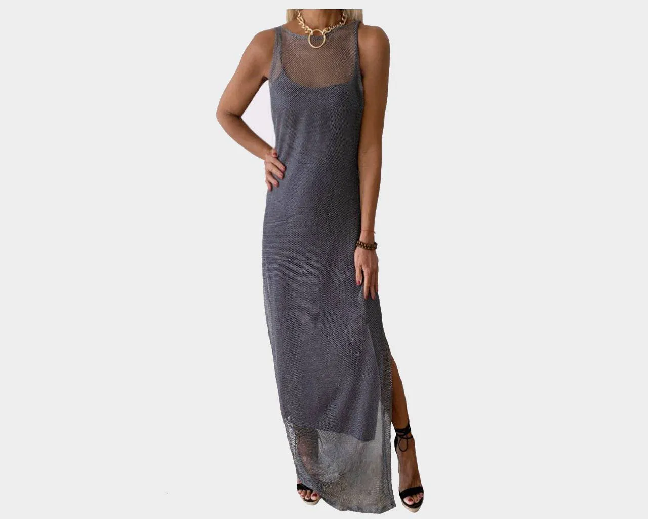 C.1 Side Slit Silver Gray Mesh Resortwear Statement Dress - The Ibiza