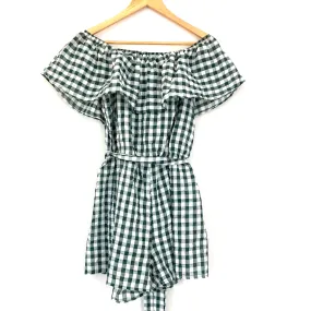 Ces Femme Green Gingham Off the Shoulder Romper- Size ~S