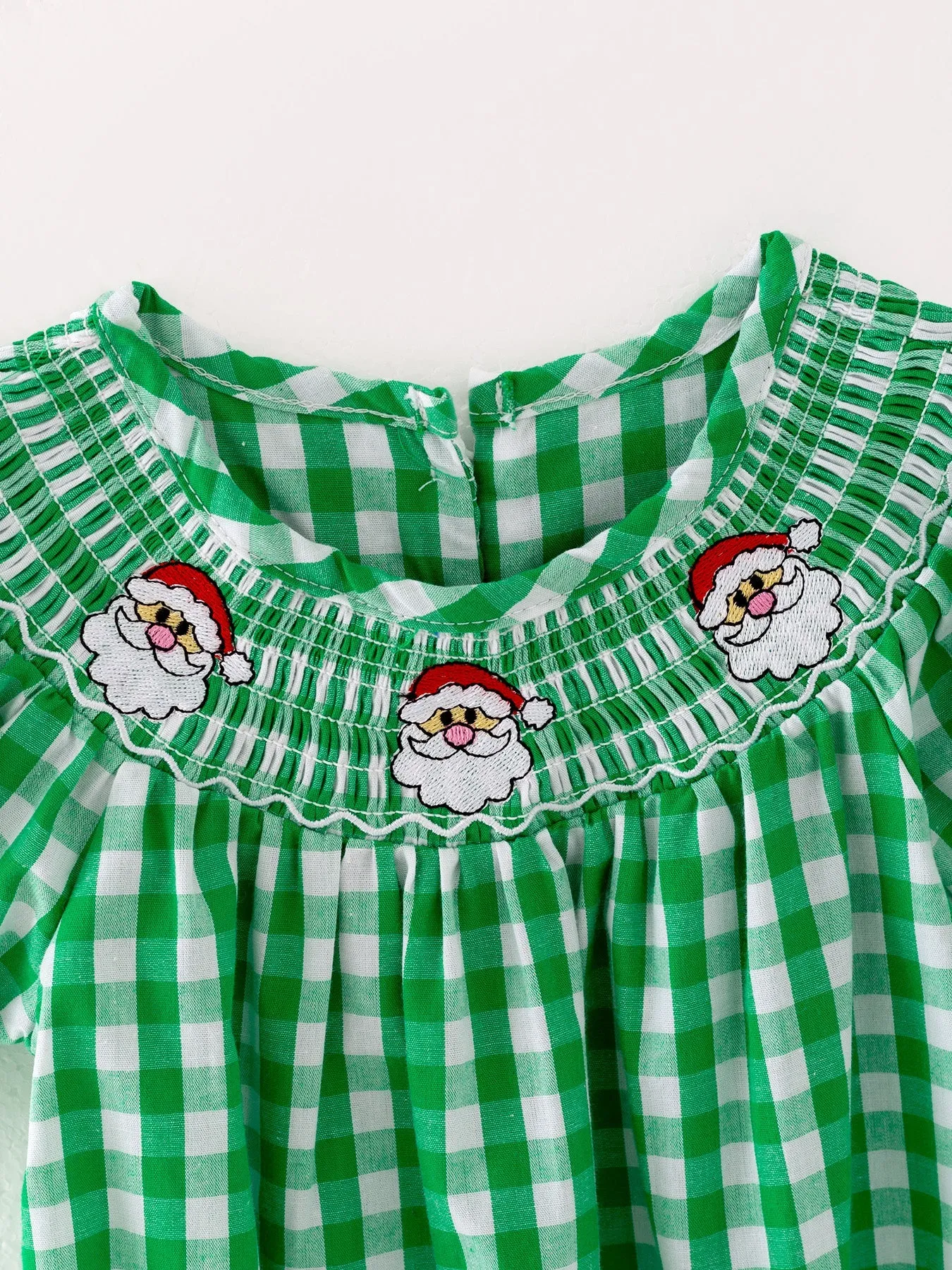 Christmas Santa Claus Smocking Green Plaid Embroidery Baby Girls Romper