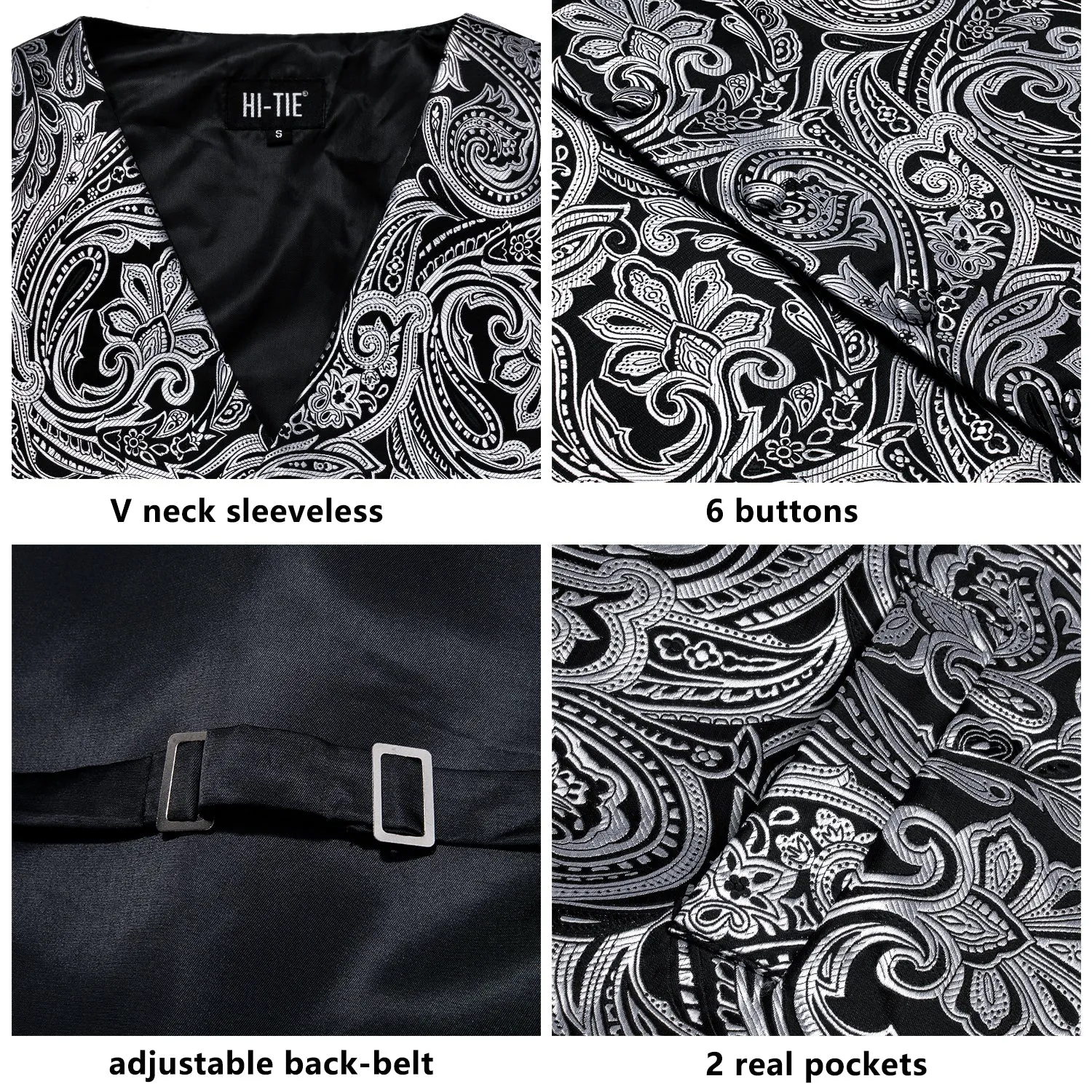 Classic Black Grey Paisley Silk Men's Vest Hanky Cufflinks Tie Set Waistcoat Suit Set