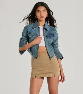 Cool Trendsetter Zip Up Collared Crop Denim Jacket