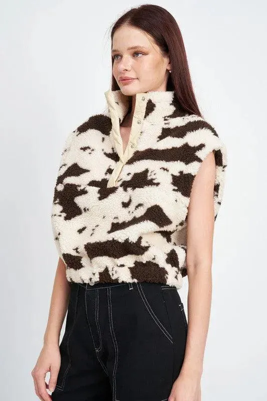 Cow Print Vest With Zipper