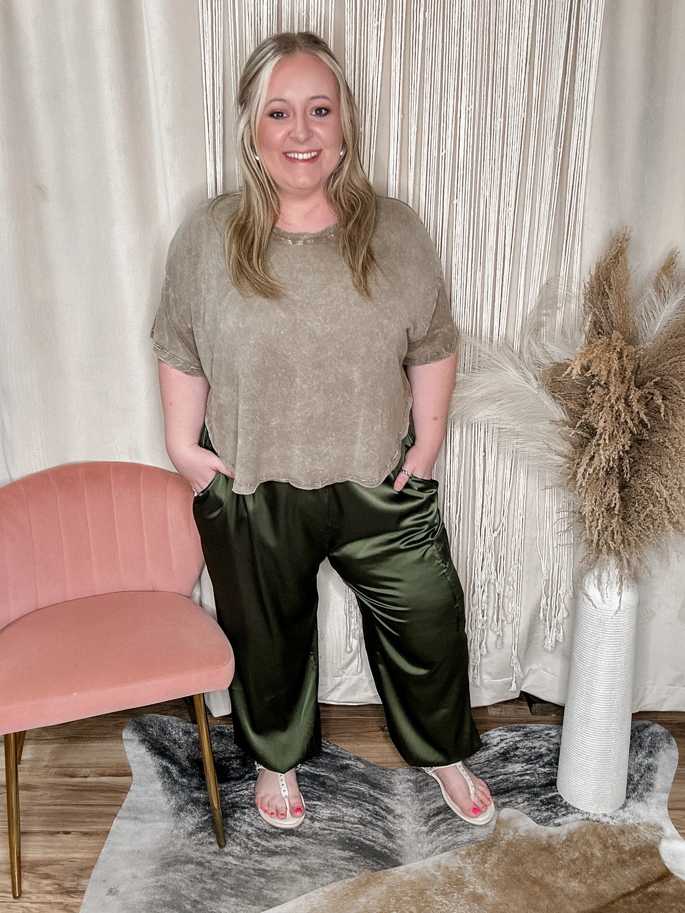 Curvy Olive Satin Cargo Pants