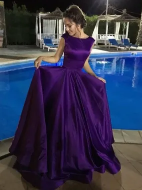 Custom Made Purple Scoop Neck Backless Satin Long Ball Gown Prom, Pueple Backless Evening