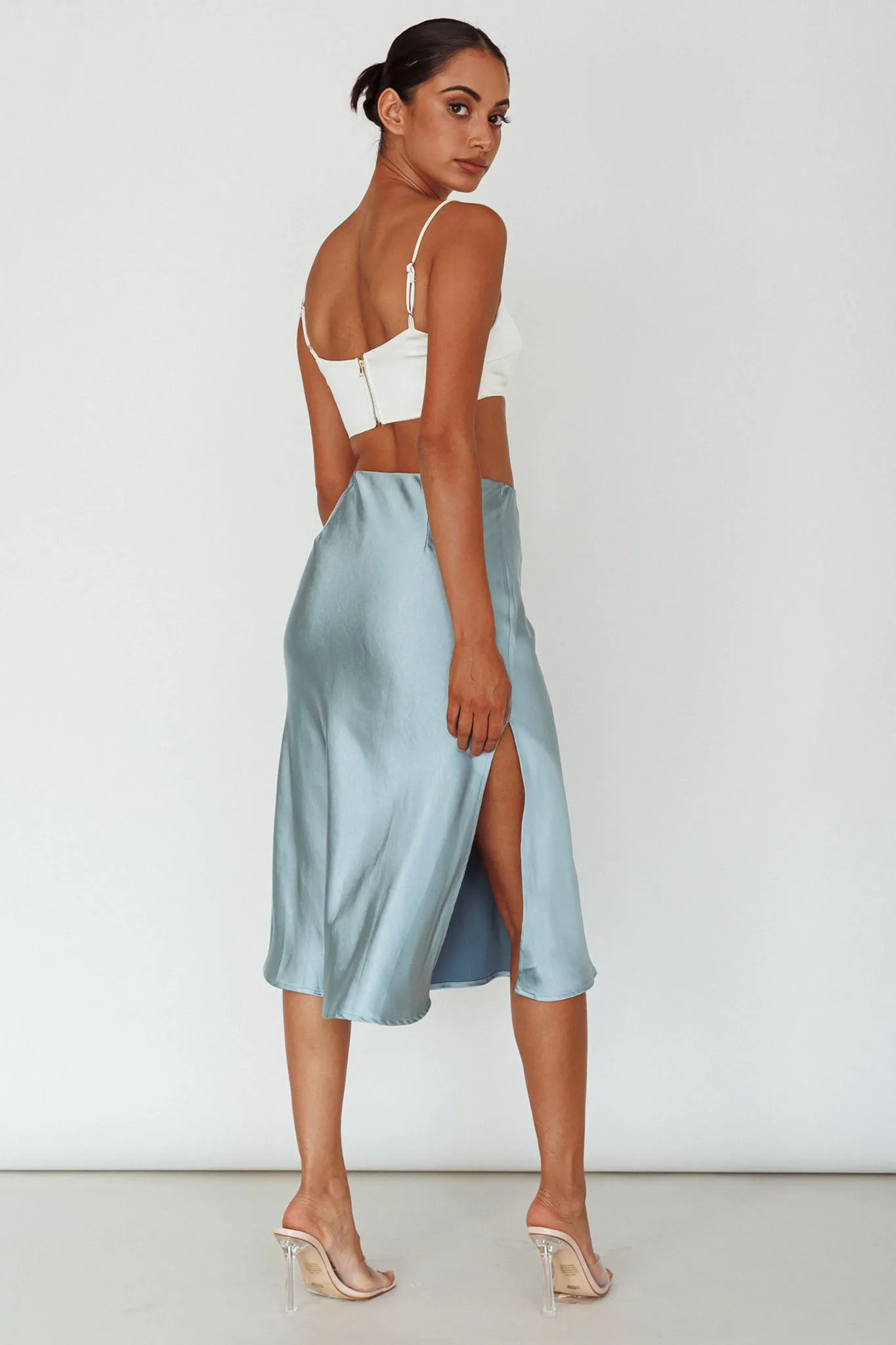 Daze Satin Midi Skirt Light Blue