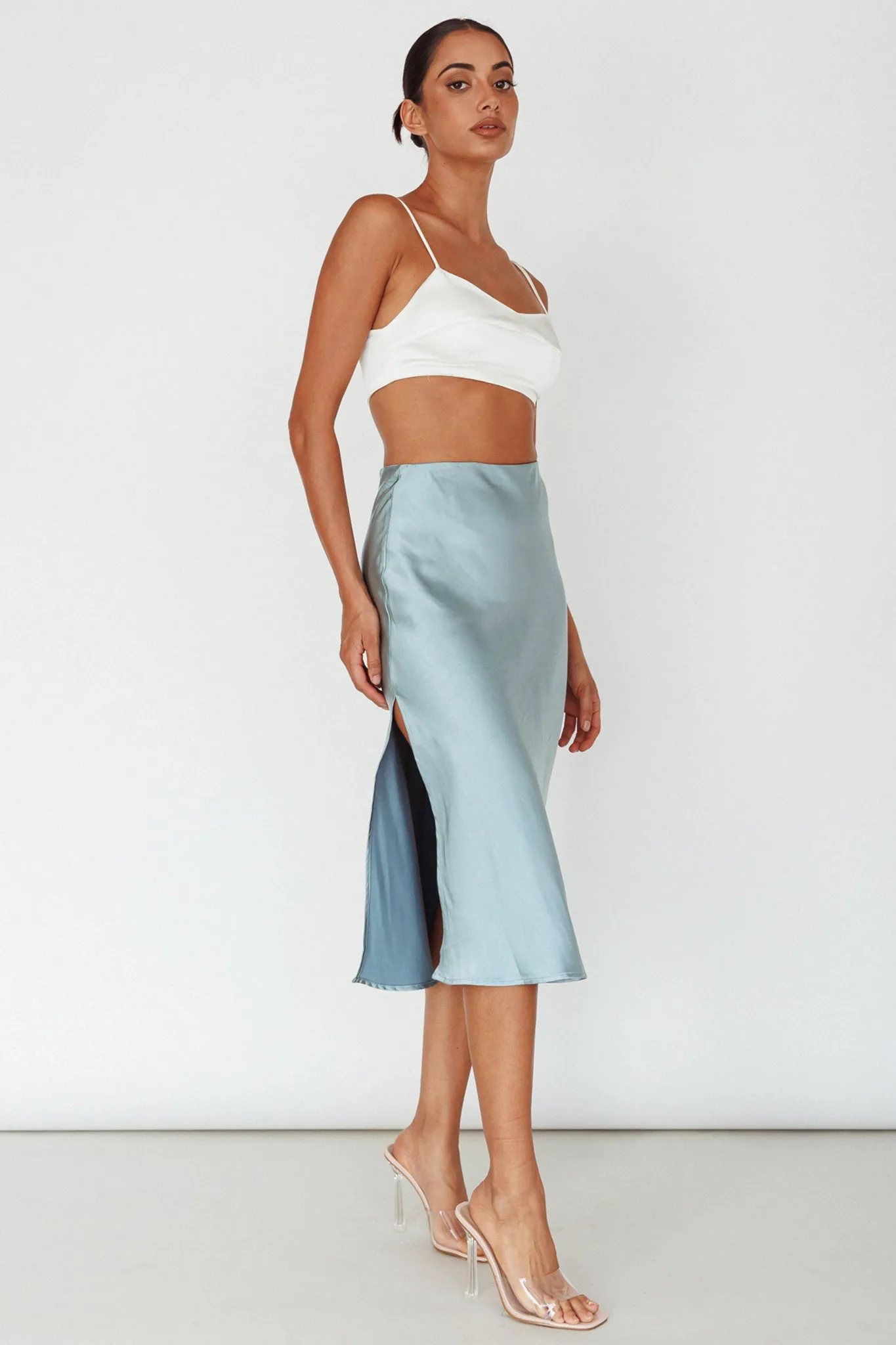 Daze Satin Midi Skirt Light Blue