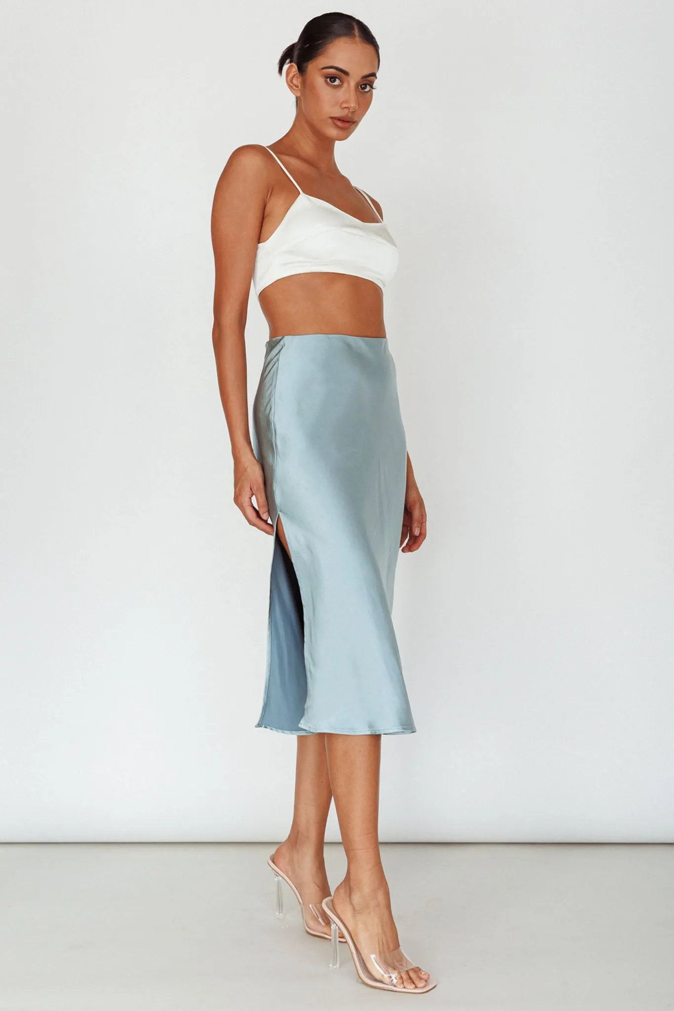 Daze Satin Midi Skirt Light Blue