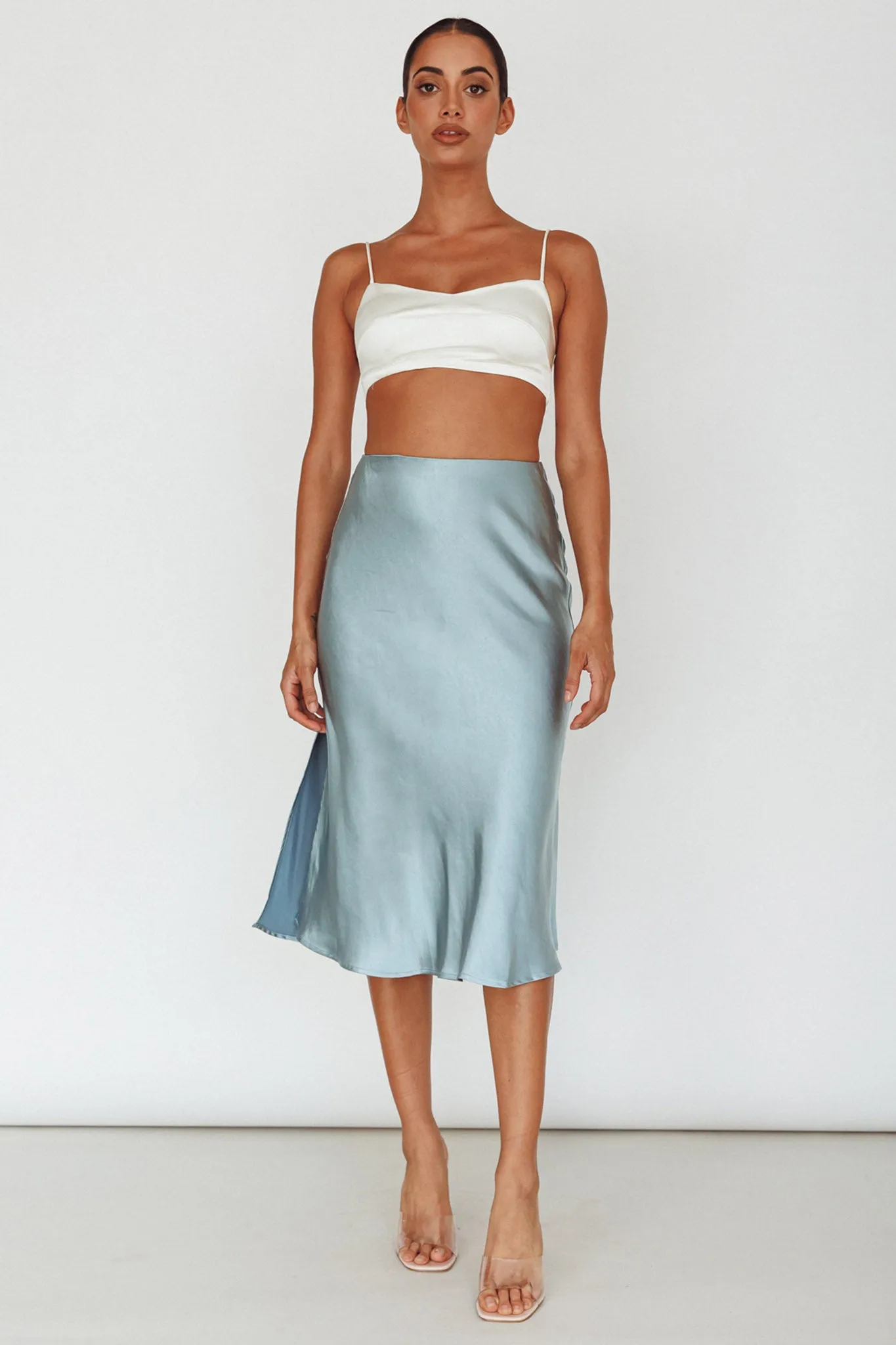 Daze Satin Midi Skirt Light Blue