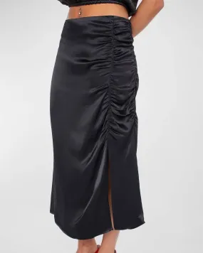 Dela Ruched Satin Midi Skirt in Black