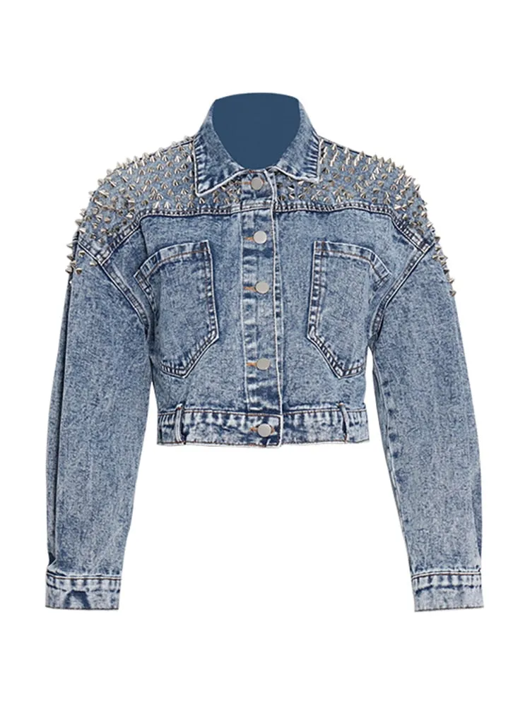 Denim Patchwork Rivet Jacket For Women Lapel Long Sleeve Single Breasted Solid Minimalist Jackets Female Clothing