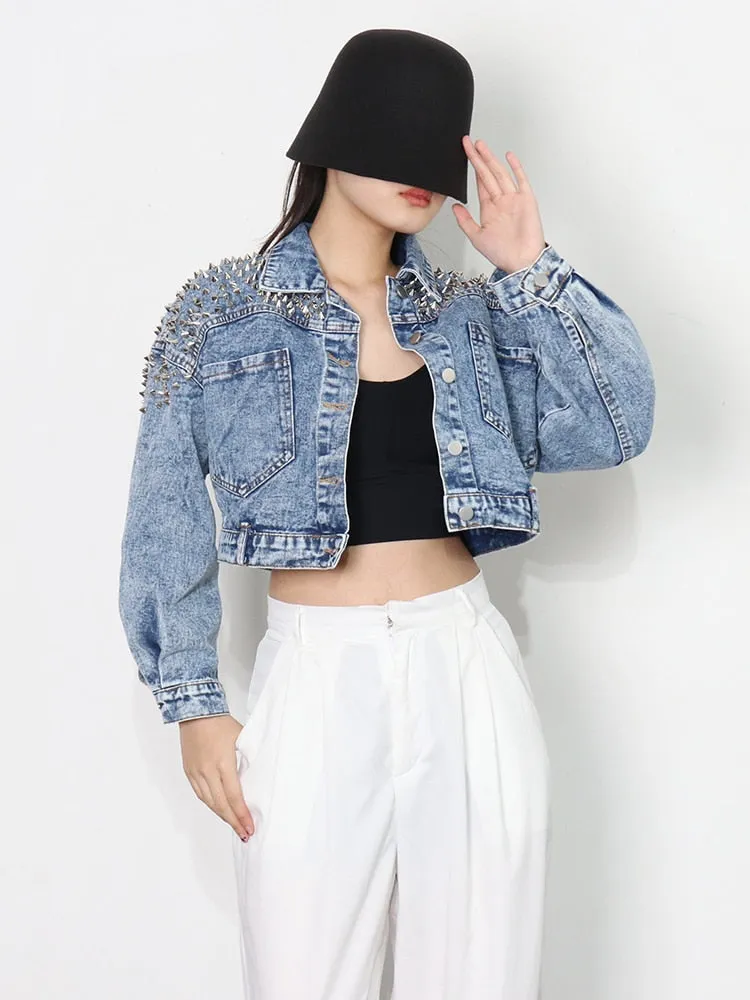 Denim Patchwork Rivet Jacket For Women Lapel Long Sleeve Single Breasted Solid Minimalist Jackets Female Clothing