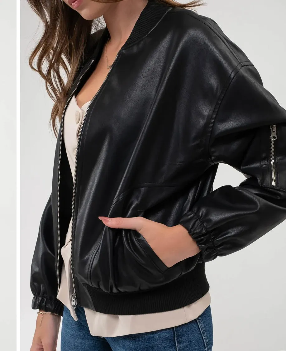 Faux leather bomber