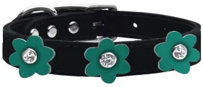 Flower Leather Collar Black With Jade Flowers Size 14