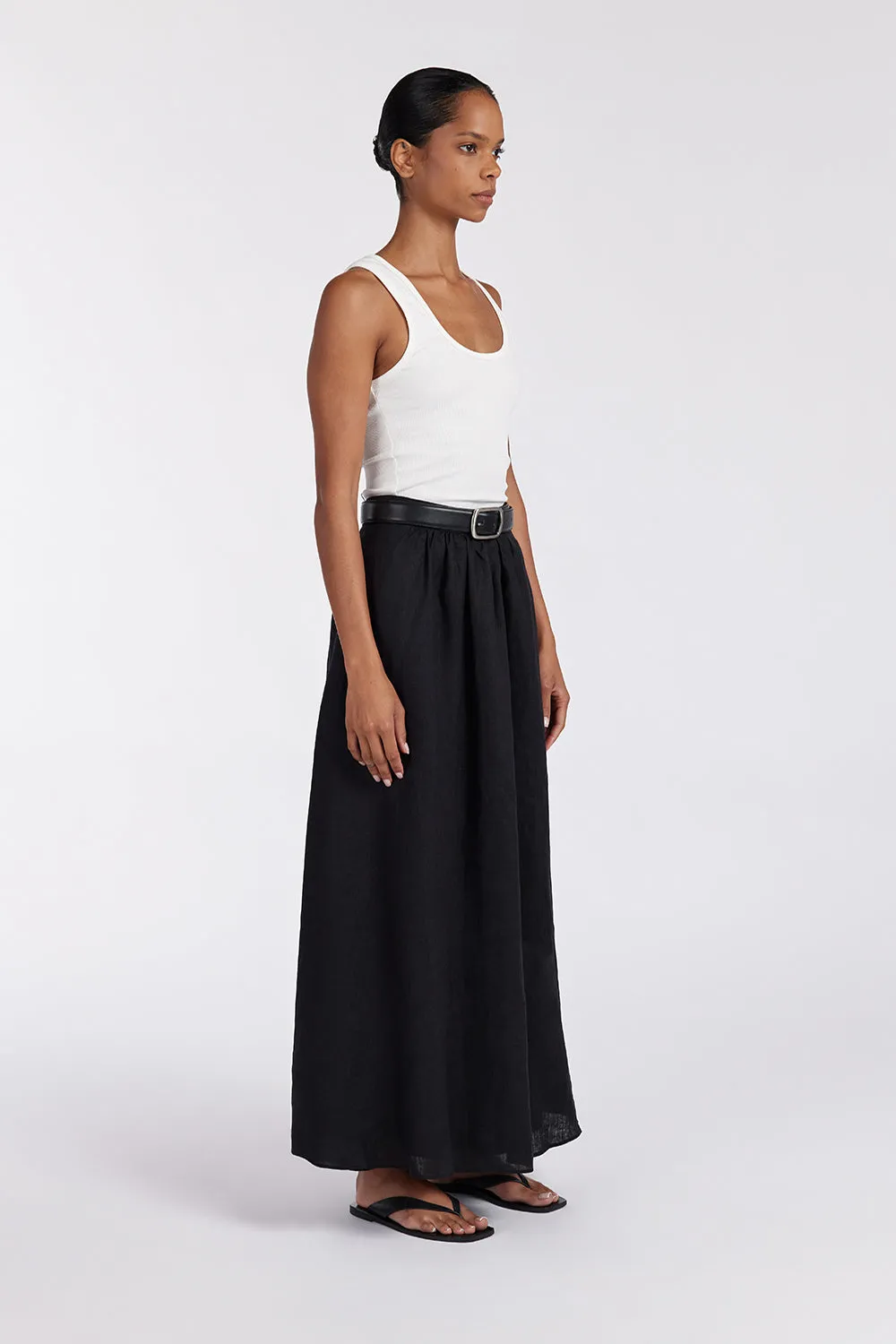 GEMIMA BLACK LINEN MIDI SKIRT