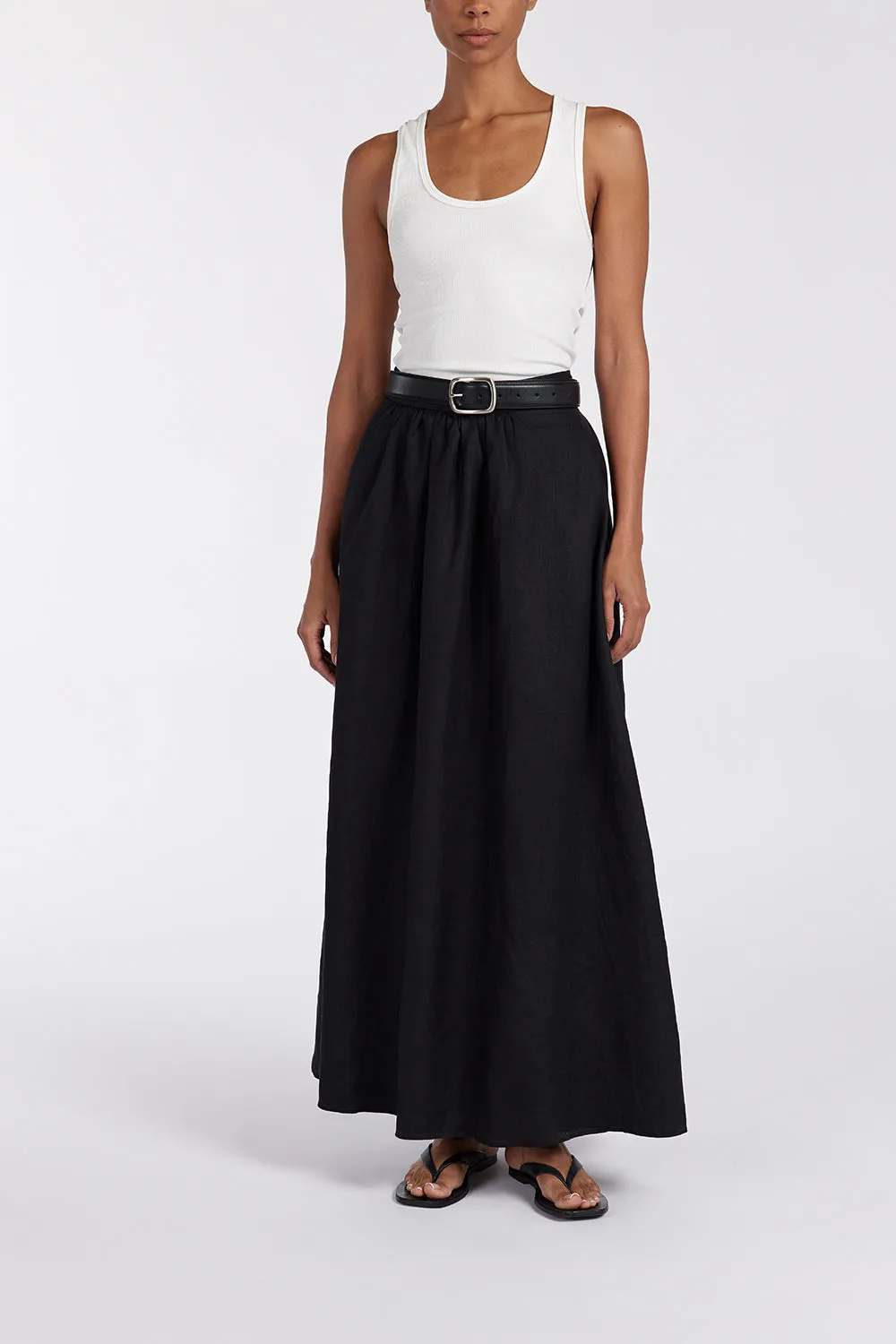 GEMIMA BLACK LINEN MIDI SKIRT