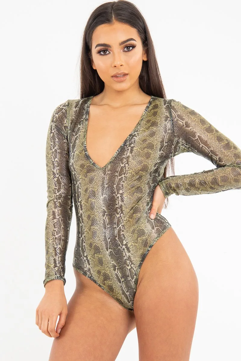 Green Snake Plunge Coated Long Sleeve Bodysuit - Clemmie