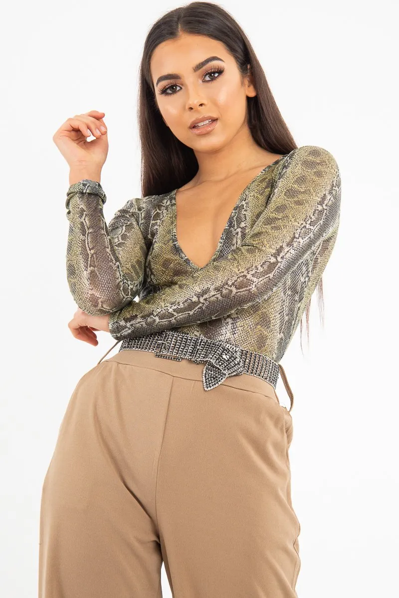 Green Snake Plunge Coated Long Sleeve Bodysuit - Clemmie