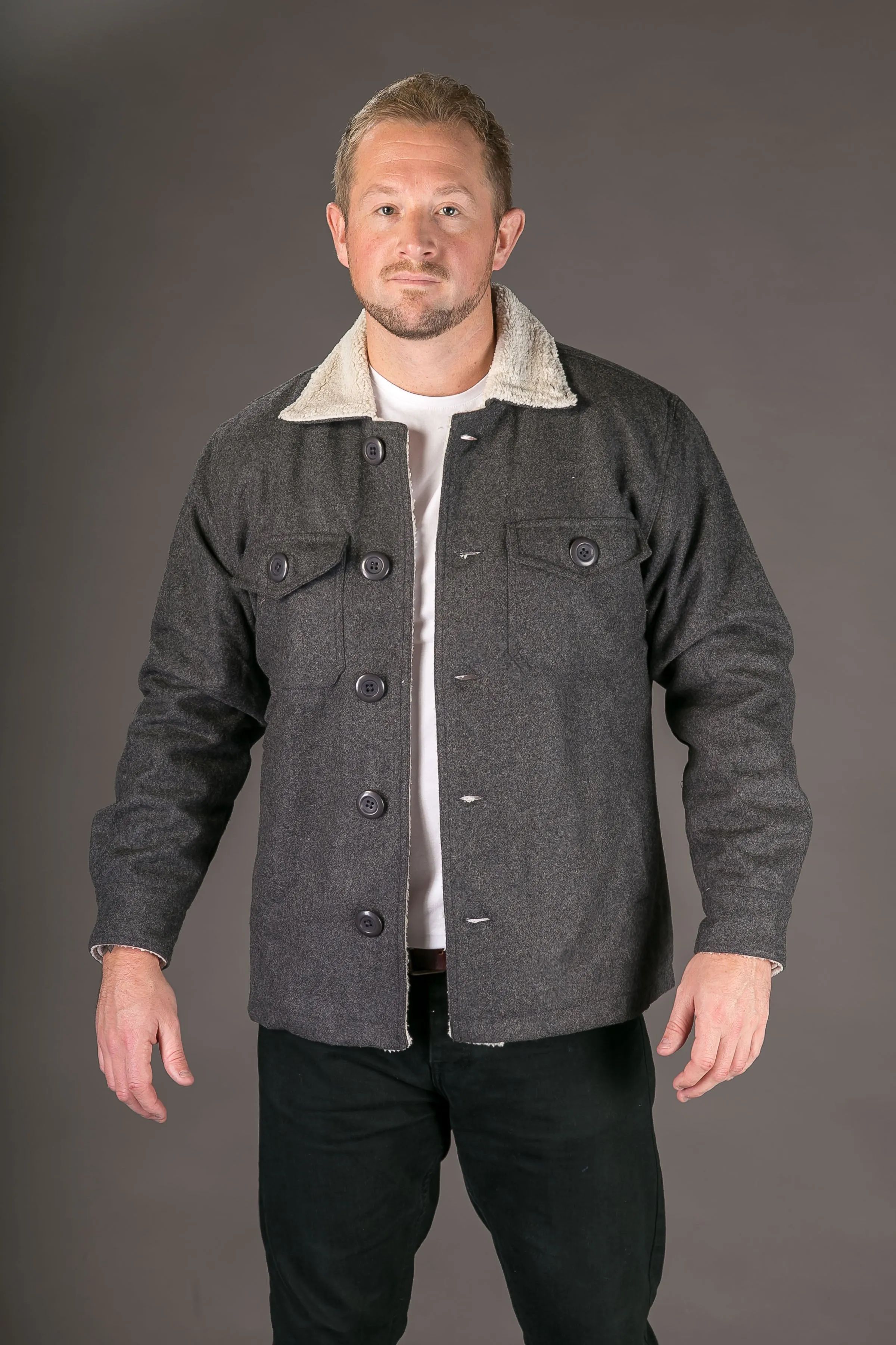 Grey Wool Mens Winter Jacket Shearling Lining