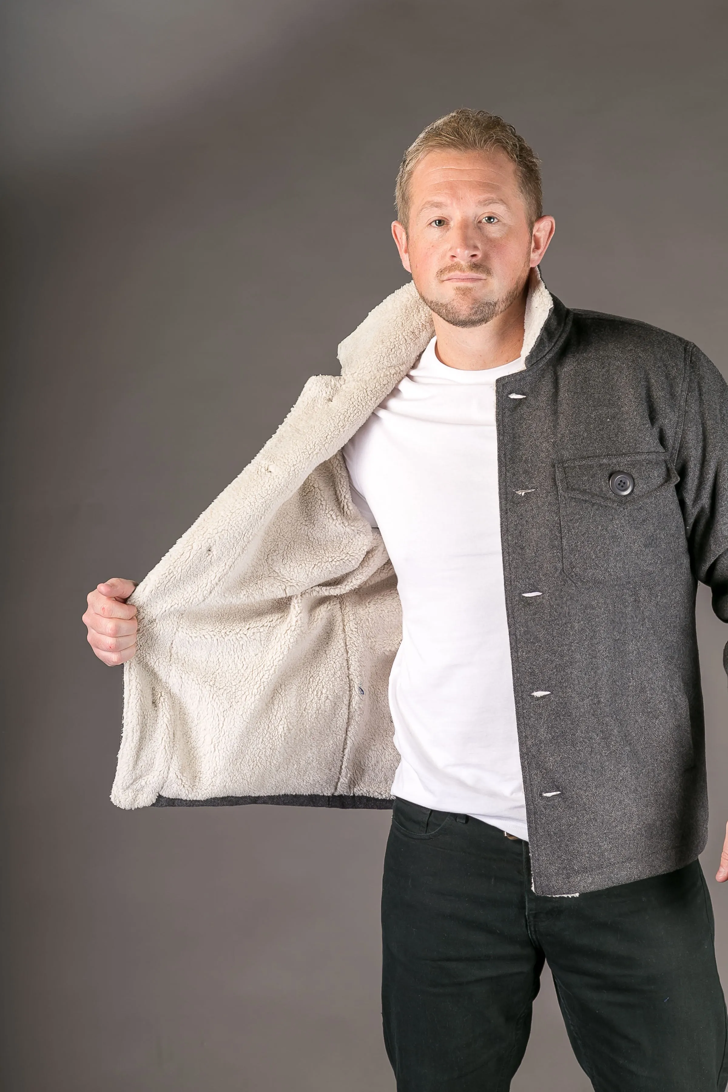 Grey Wool Mens Winter Jacket Shearling Lining