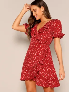 Heart Print Ruffle Wrap Dress