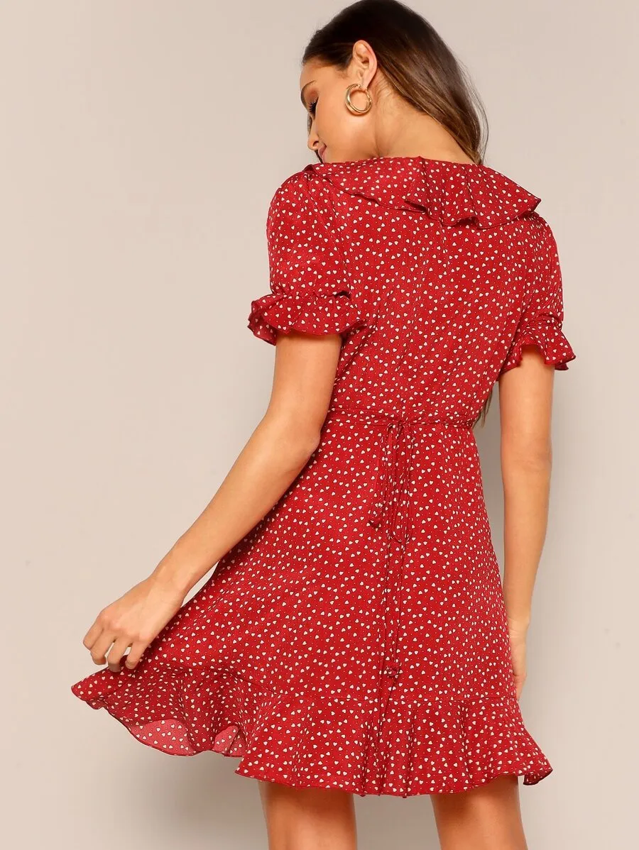 Heart Print Ruffle Wrap Dress