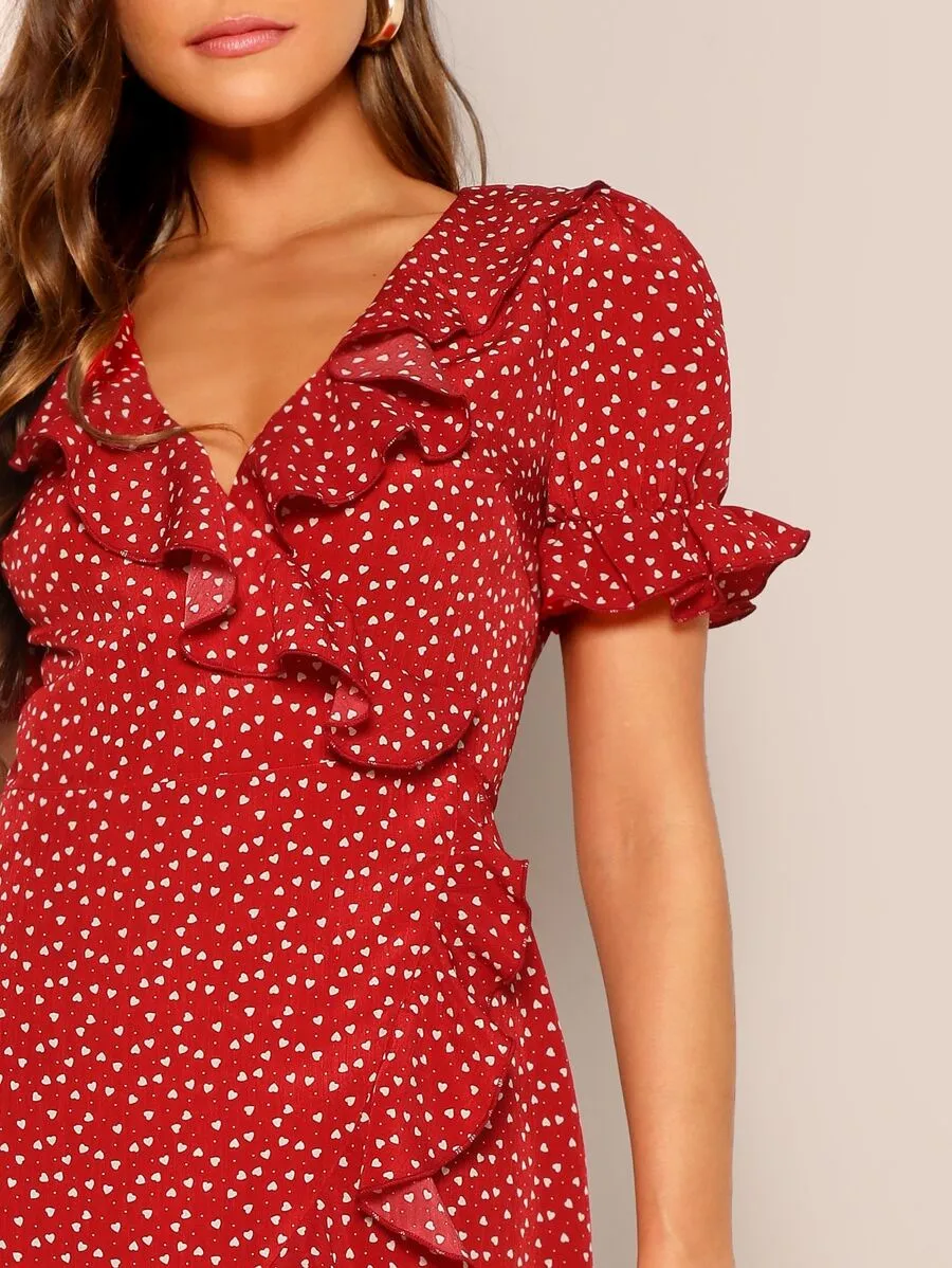 Heart Print Ruffle Wrap Dress