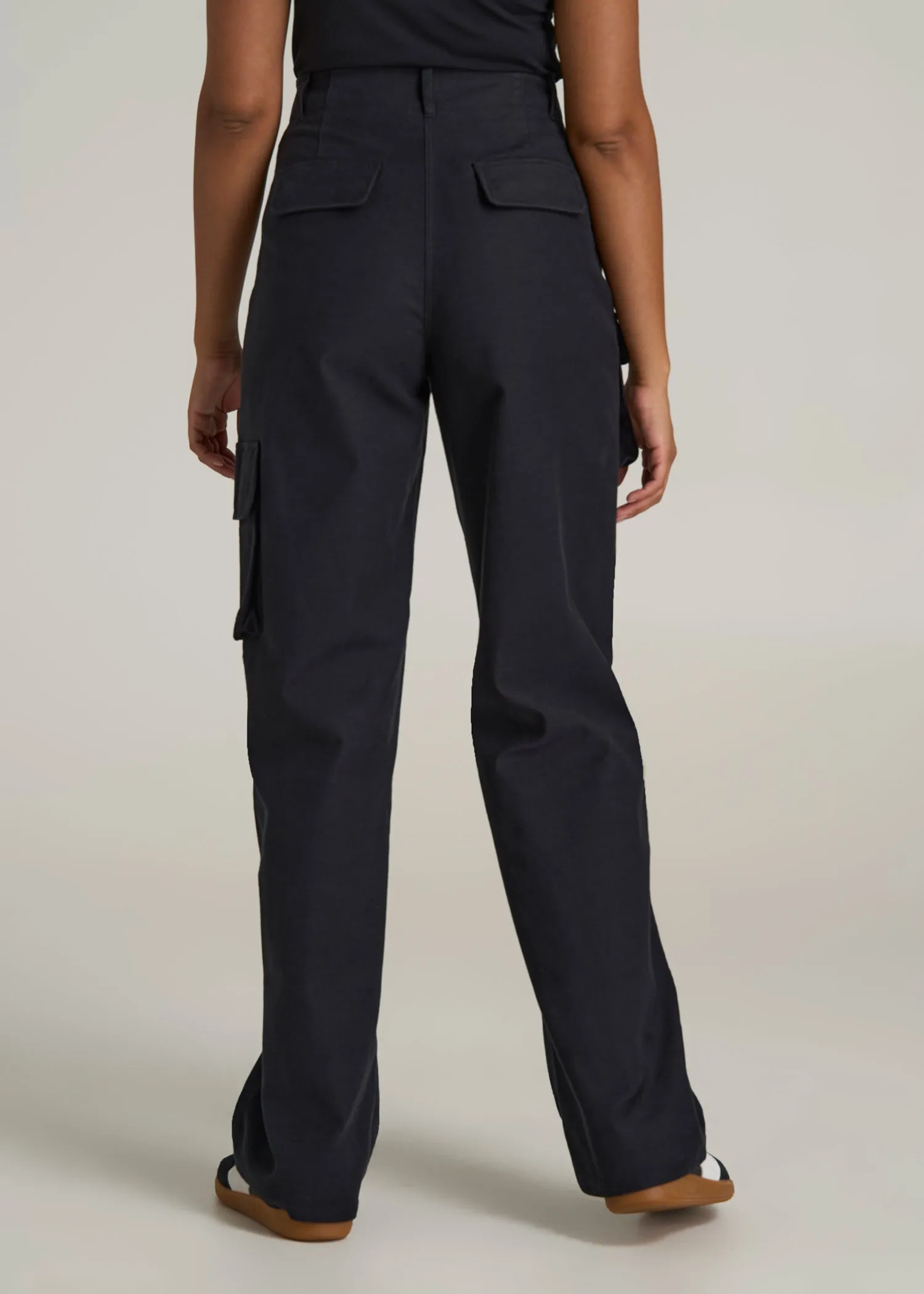 High-Waist Flat Front Cargo Pants for Tall Women in Black