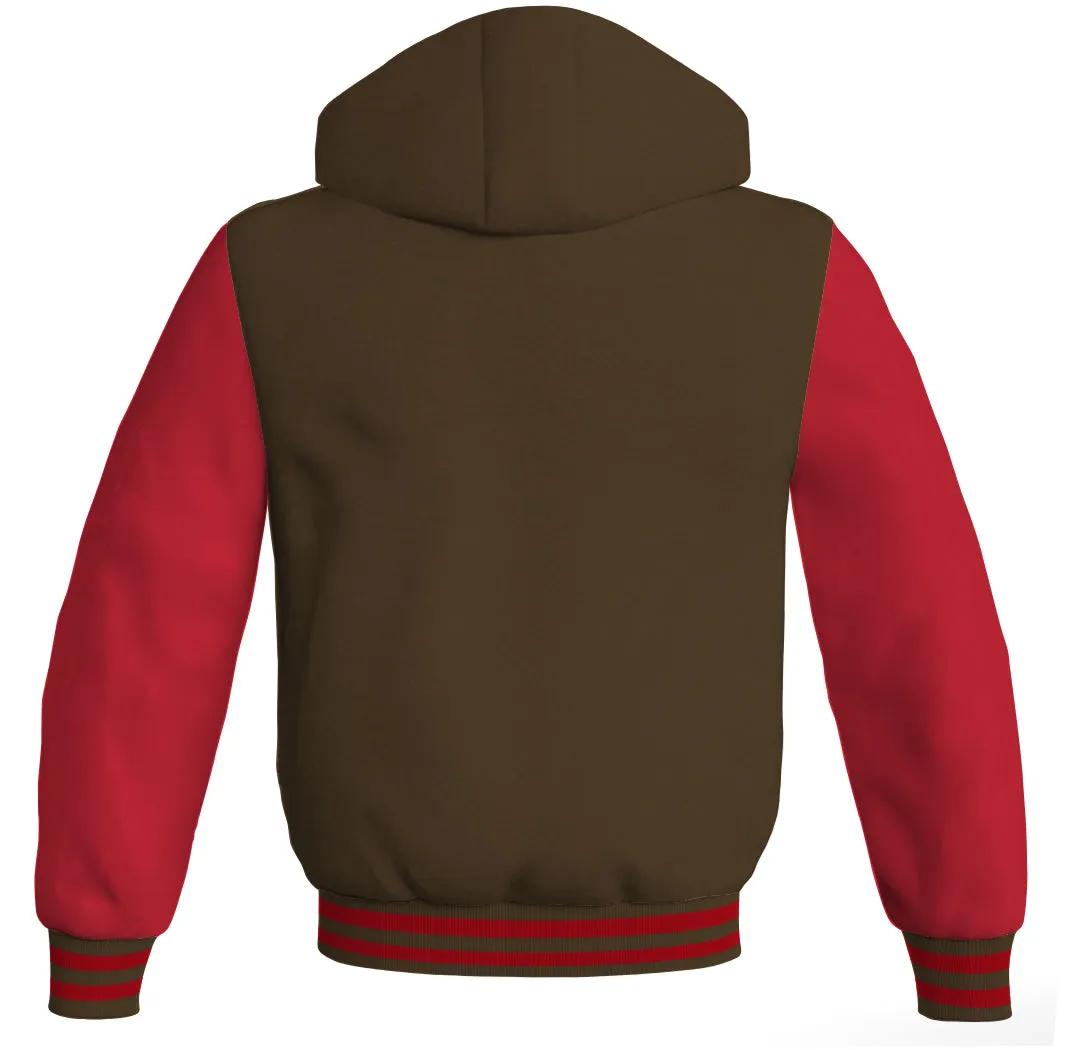 Hooded Bomber Women Brown Body and Red Leather Sleeves Custom Hoodies