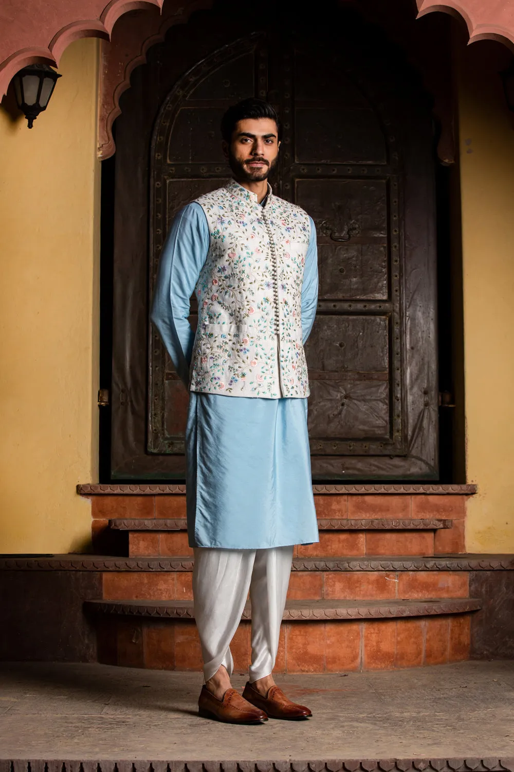 Ivory Floral Matka Jacket with Poder Blue Kurta and Ivory Dhoti