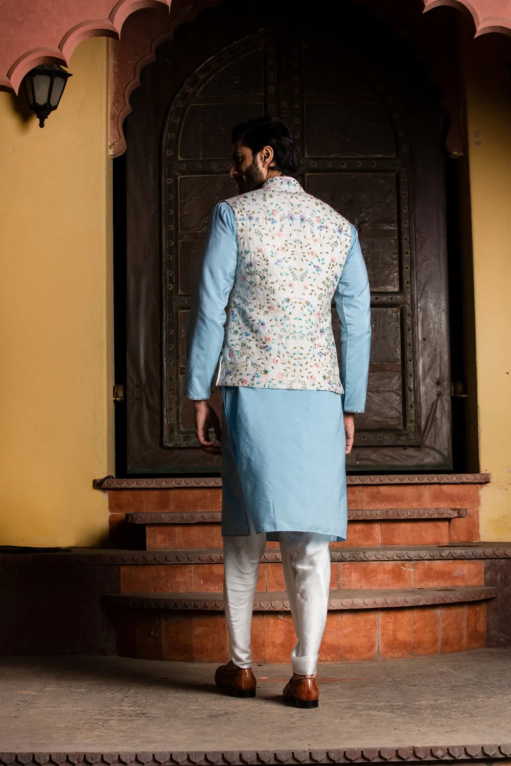 Ivory Floral Matka Jacket with Poder Blue Kurta and Ivory Dhoti