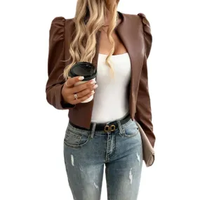 Ladies Casual Solid Colour Faux Leather Jacket in Brown